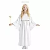AYBUY Engel kostüm Kinder Mädchen, 3PCS Weiß kostüm mit Kopfbedeckung und Zauberstab, Kinderkostüm Engel für Weihnachten Halloween Karneval Maskerade Cosplay Geburtstagsfeier, 150CM