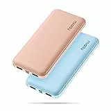 【2-Pack】Miady 10000mAh Powerbank Tragbares Ladegerät mit Typ-C-Eingang/Ausgang Akkupack 2.4A Dual USB kompatibel mit iPhone, Samsung, Huawei, iPad und mehr (Cremig Blau und Champagner Pink)