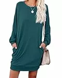 PrinStory Damen Pullover Kleid Lässig Rundhals Winterkleider Weich Tuinc Tops Basic Sweatkleid Langärm Freizeitkleider Mit Taschen (Pfauen Blau, L)