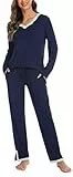 Lovasy Schlafanzug Damen Lang Winter Pyjama Set V-Ausschnitt Spitzen Schlafanzüge für Damen Langarm Loungewear Hausanzug,Marineblau,M