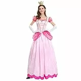 Odizli Peach Kostüm Damen Prinzessin Party Erwachsene Frauen Kostüm Puffärmel Lang Abendkleid + Handschuhe + Krone 3tlg Fee Outfit Halloween Weihnachten Karneval Cosplay Faschingskostüme Rosa M