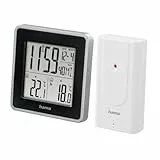 Hama Digitale Wetterstation funk mit Uhr (Thermometer mit Außensensor für Innen- und Außentemperatur,Wandmontage möglich, Funkuhr mit zwei Weckzeiten, Display groß) schwarz/silber