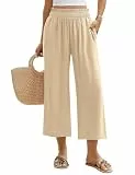 Niwicee Leinenhose Damen Hose Sommer 3/4 Culotte Weite Bein Sommerhose Elastische High Waist Leichte Loose Freizeithose Elegante Lounge Hosen mit Taschen (Khaki, L)