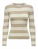 JDY Damen Gestreifter Langarm Strickpullover Striped Oberteil Gerippt Basic Knit Sweater Top JDYPLUM, Farben:Beige, Größe:S