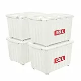 Cetomo 55L*4 Aufbewahrungsboxen, Rillen-verstärkte Kunststoffboxen mit Rollen & Deckeln, Stapelbare Aufbewahrungskiste, Ordnungsboxen für Zuhause und Büro, PP, Weiß, 55L (4er Pack)
