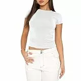 Damen Basic T-Shirts Kurzarm Crop Top Casual Y2K Rundhalsausschnitt Tops Slim Fit Tshirts(White-1, L)