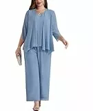 Hanna Nikole Damen Hosenanzug - Große Größen 3-teilig Abendanzug Sets mit Chiffon Shirt und Hohe Taille - Elegant für Cocktail Party & Festlichkeiten - Grau & Blau - 54