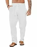 LVCBL Herren Leinenhose Lang Casual Kordelzug Sommer Strand Hose Heimat Weiß L