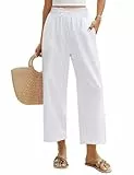 Niwicee Damen Hose Sommer 7/8 Weiße Hose Sommerhose Damen Leicht Elegant Baumwolle Stoffhose Lockere Ausgehöhlt Hohe Taille Hosen Freizeithose Strandhose mit Tunnelzug und Taschen(Weiß,XXL)