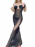 Mingnos Sexy Schulterfreies Mesh Kleid für Damen, Cut Out Durchsichtiges Bodycon Kleid für Party, Abend, Date Night Schwarz, L