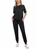 Irevial Damen Tracksuit Kurzarm Rundhalsausschnitt Zweiteiler Trainingsanzug Set Jogginganzug Einfarbig Sportanzug Hausanzug 2 Teilig Freizeitanzug Sportswear Sweatshirt & Jogginghose Schwarz XXL