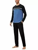 Bresdk Schlafanzug Herren Lang Pyjama Set Zweiteiler Winter Rundhals Nachtwäsche aus Baumwolle mit Taschen und Kordelzug Schlafanzüge,Hellblau Schwarz,M