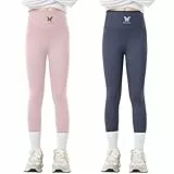 Tilozs Kinder Leggings Mädchen Lang Hosen High Waist Leggins Sportleggins 2er Pack Elastisch Sporthose, Lila+Dunkelgrau, 122-128(Label Size: 130)