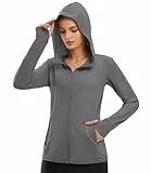 Libin Damen UPF 50+ Sonnenschutz Hoodie Full Zip Laufshirt Langarm Sun Shirt Sportshirt für Running Wandern Outdoor Surfen mit Taschen,Dunkelgrau M