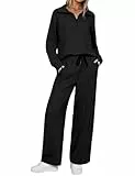 Aottori Damen Trainingsanzüge Casual Hausanzug Zweiteilig Frauen Fitnessanzug Freizeitanzug Streatwear Herbst Sportanzug und Jogginghose mit Weitem Bein Schwarz XXL