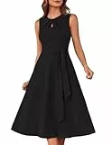 GRACE KARIN Ärmelloses Midikleid für Damen elastisches Rundhalskleid Plissiertes Cut-Out mit Gürteltaschen Schwarz M