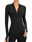 IECCP Laufjacke Sportjacke T-Shirt Damen Gym Top Sport Oberteil Yoga Langarm Crop Top Sportshirt Leicht Fitness Oberteil mit 1/4 Reißverschluss und Daumenloch Schwarz S