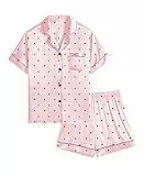 SWOMOG Satin Pyjama Kurz Silk Schlafanzug mit Knopfleiste Seide Nachtwäsche Zweiteiliger Pjs Sets
