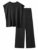 UMIPUBO Zweiteiler Damen 2 Piece Loungewear Set Freizeit Strickpullover Tops High Waist Elastische Taille Hosen Hausanzug Sets Elegant Sleepwear Outfit Elegant Freizeitanzug (Schwarz, S)