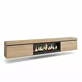 Skraut Home | TV-Schrank, Lowboard | für Wohnzimmer und Esszimmer | 267x45x35 cm | Für großformatiges TV | Elektrokamin XXL | Hängend | Moderner Stil | Eiche