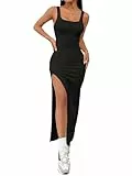 SweatyRocks Damen Kleid Ärmelloses U Ausschnitt Sommerkleid mit Schlitz Bodycon Tank-Kleid Sommer Enges Trägerkleid Freizeit Partykleid Lange Damenkleider Schwarz M