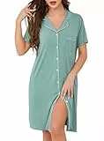 Lovasy Nachthemd Damen Kurzarm Baumwolle Schlafshirt mit Knöpfen Sommer Nachtkleid Sleepshirts mit Taschen,Grün,L