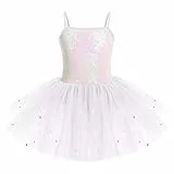 IWEMEK Kinder Ballettkleidung Mädchen Ballettkleid Ärmellos Pailletten Balletttrikot Ballettanzug Tanzkleid Tanzbody mit Tütü Rock Ballettrock Gymnastik Tanzbekleidung Weiß 9-10 Jahre