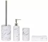 MSV Badezimmer Set, 4-teiliges Badzubehör aus Keramik Toscana Seifenspender, WC Bürste, Seifenschale und Zahnputzbecher Weiß Marmor