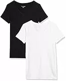 Amazon Essentials Damen Kurzärmliges Regular-Fit-T-Shirt (Varianten mit Rundhalsausschnitt und V-Ausschnitt), Pack of 2, Schwarz/Weiß, M
