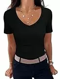 Aottori Damen T-Shirt mit V Ausschnitt Elegant Oberteile Gerippt Stretch Tshirt Kurzarm Slim Fit Shirt Sexy Casual Basic Tops Schwarz M