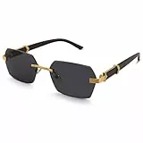 LOJUDI Randlose Sonnenbrille Herren Damen - Retro Rechteckig Rahmenlose Coole Sonnenbrillen Ohne Rahmen Vintage 90er Jahre Brille mit UV400 Schutz-Gold/Schwarz