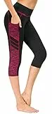 Flatik Damen Netzoberfläche Sport Gym Yoga Laufen Fitness Leggings Hose, Schwarz Rot(3/4 Capri), M
