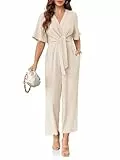 Cicy Bell Damen Elegante V-Ausschnitt Jumpsuits Dressy Casual Kurze Ärmel Weite Beine Lange Hosen Rompers, Beige, Large