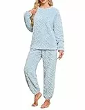 Niwicee Schlafanzug Damen Lang Fleece Pyjama Set Winter Hausanzug Kuschelige Warm Flauschig Nachtwäsche Sleepwear Zweiteiliger Oberteile Und Hosen Freizeitanzug mit Taschen (Blau, S)