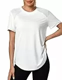 Terecey Sportshirt Damen Kurzarm Rundhals Sport T-Shirt Leicht Atmungsaktiv Funktionsshirt Laufshirt Trainingsshirt Mesh Locker Lang Sportoberteile Fitness Yoga Tops Funktionsshirt Weiß M