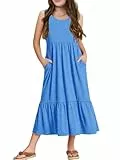 Haloumoning Mädchenkleider Sommer Ärmelloses Kleid Rundhals Tanktop Kleid Kinder Langes Freizeitkleid Sundress, Blau, 12-14 Jahre