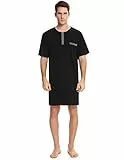 Enjoyoself Herren Nachthemd Baumwolle Kuschelig Kurzarm Runhals Nachtwäsche Shirt mit Seitenschlitze Luftig Einteilig Schlafanzug Schwarz,L