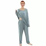 amropi Schlafanzug Damen Pyjama Set Nachtwäsche Langarm Hausanzug Rundhals Übergröße Blau,7XL