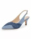 Coutgo Damen-Pumps mit Schleifen-Absätzen, Slingback-Pumps mit niedrigem Absatz, geschlossen, spitzer Zehenbereich, Denim-Kleiderschuhe, Jean Blue, 38.5 EU