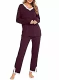 Lovasy Schlafanzug Damen Lang Winter Pyjama Set V-Ausschnitt Spitzen Schlafanzüge für Damen Langarm Loungewear Hausanzug,Dunkelrot,M