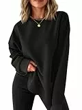 Fisoew Pullover Damen Rundhals Langarm Sweatshirts Seiten Schlitz Langarmshirts Elegant Basic Pulli Loose Tunika Tops Casual Oberteile Schwarz M