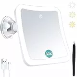 B Beauty Planet Vergrößerungsspiegel mit Licht,30 Fach Vergrößerung, Beleuchteter Make-up-Spiegel mit Touch Control und Saugnapf, Wiederaufladbar, 360° Drehbar, Badezimmer und Reise, Quadratisch