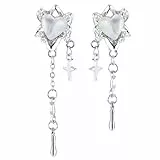 Mabor Ohrringe Herz Silber Herzform Creolen Asymmetrische Ohrringe mit Stern Wassertropfen Anhänger Aesthetic Stud Earring für Teenager Mädchen Frauen Kettenohrringe