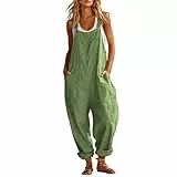 Damen Sommer Kurze Latzhose, Baumwolle Und Leinen Jumpsuit für Damen, Weites Bein Jumpsuit mit verstellbarer Riemen Latzhose Atmungsaktiv Sommerhose Elegant Overall Outdoor Stoffhose für Alltag