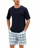 Uniexcosm Schlafanzug Herren Baumwolle Kurz Zweiteiliger Pyjama Set Nachtwäsche Kurzarm Oberteil und Karierte Schlafanzughose Hausanzug Sleepwear A:PAT L