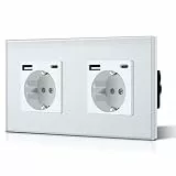 BSEED Doppelt Schuko Wand Steckdose mit USB & Typ C Glas 3 in 1 Unterputz Steckdosen 2 Weg mit 2.1 A USB Ladeleistung und Typ C Adapter Aufladestation Verlängerungssteckdosen 157mm Weiß