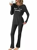 Fisoew Damen Schlafanzug Lang Pyjama Set Gerippt Gestrickte Wimperndruck Oberteil Hosen Zweiteiler Winter Lounge Nachtwäsche(Schwarz, M)