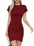 Missufe Damen Sommerkleid Freizeitkleid Bodycon Enges Kurzarm Figurbetontes Gerafftes T Shirt Bleistiftkleider (Weinrot, Medium)