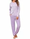 Uniexcosm Schlafanzug Damen Lang Zweiteiler Baumwolle Pyjama Set Rundhals Streifen Oberteil und Pyjamahose Winter Loungewear Lila L