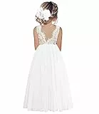 Beganly Mädchen Lange Festtagskleider Lieblich ärmellos V-Rücken Kleid Spitze Maxi Tüll A-Linie Prinzessin Partykleid Blumenmädchen Kleider Weiß 4 Jahre (White 110)